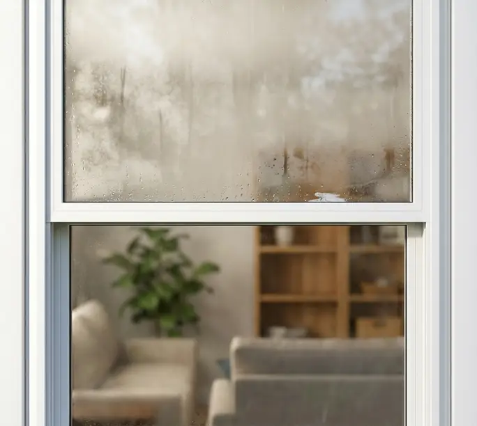 Close-up of a foggy double-pane window with condensation trapped between the glass in Charlotte NC