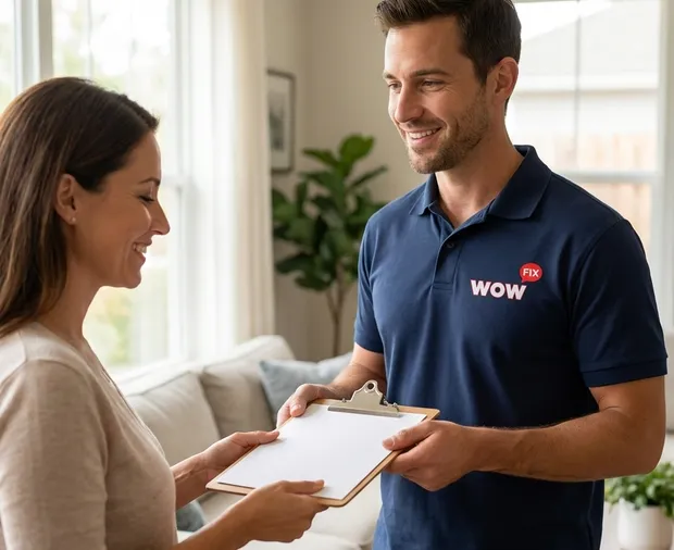 WowFix technician quoting window repair on-site in North Carolina
