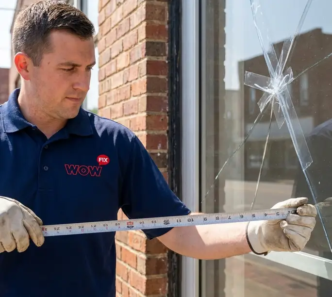 Downtown storefront glass door secured and measured for replacement by WowFix