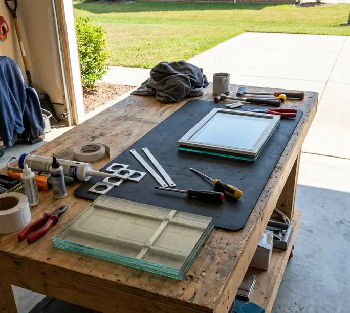 WowFix fabricating a replacement insulated glass unit on the bench for a Raleigh door