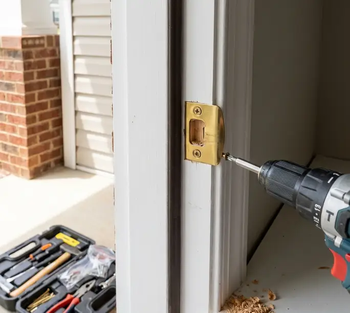 Door latch being fitted into the door edge during a WowFix repair