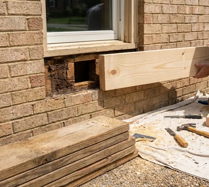 Rotted wood at a brick Charlotte home before the WowFix frame rebuild