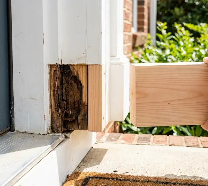 Door frame bottom with rot cut out clean and a milled wood piece ready for the WowFix rebuild