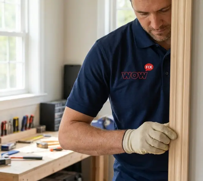 WowFix craftsman working replacement wood in the shop for a High Point door