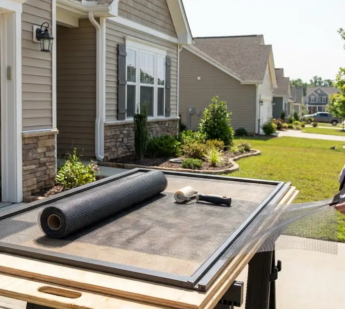 Fresh mesh being splined drum-tight into a screen frame for a Kernersville home