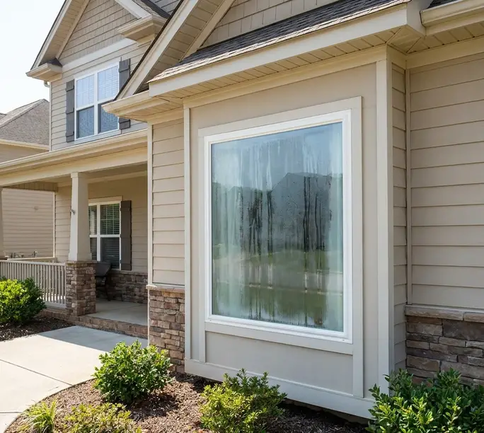 Failed-seal picture window streaked with trapped condensation in a Greensboro home