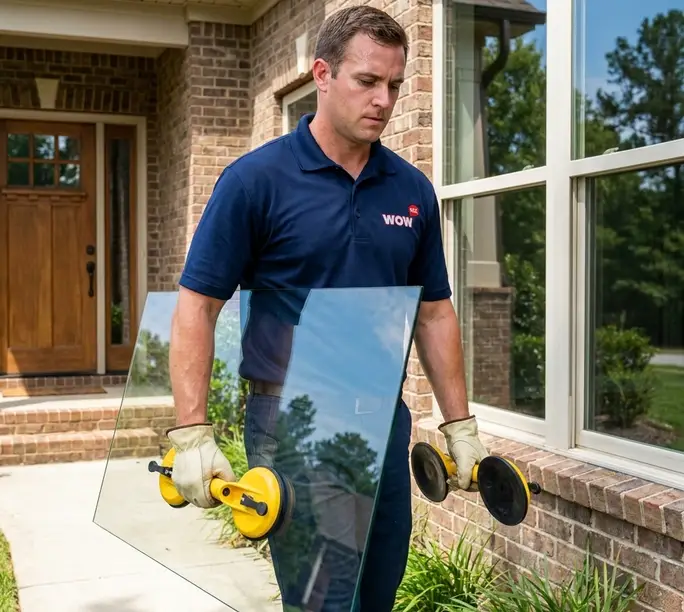 WowFix technician carrying a made-to-measure glass pane on suction cups
