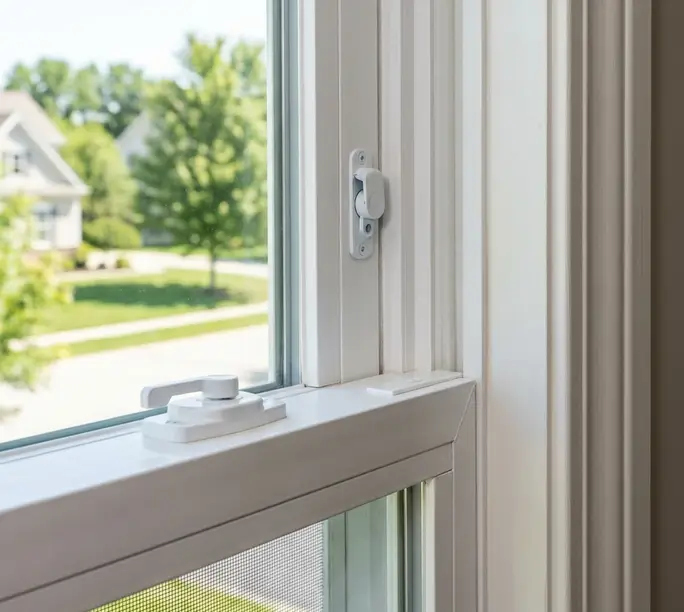 New white cam lock installed on a modern vinyl window sash in a Raleigh home