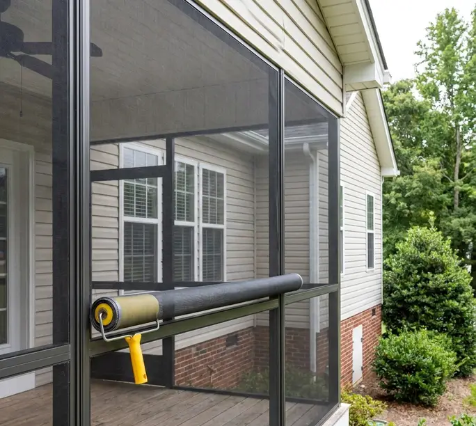 Fresh mesh being splined into a screen frame for a Greensboro porch