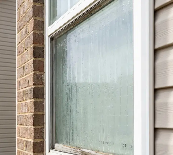 Window with worn seals and trapped condensation before WowFix draft repair in Cary