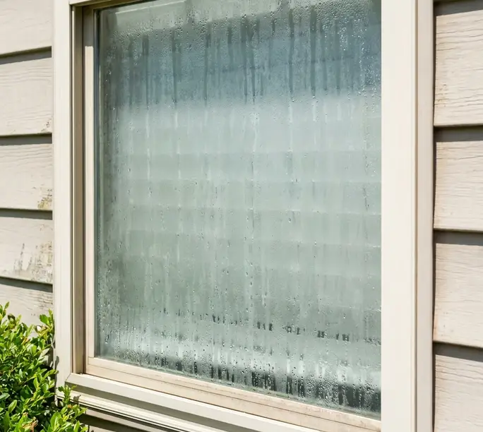 Builder-grade window with a failed seal and trapped condensation in a Huntersville home