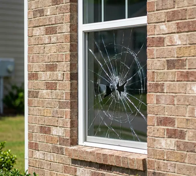 Shattered double-hung window pane in a brick home before WowFix glass replacement