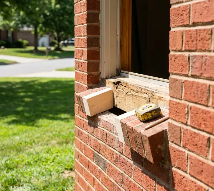 Rotted exterior window sill on a Charlotte brick home during a repair-versus-replacement assessment