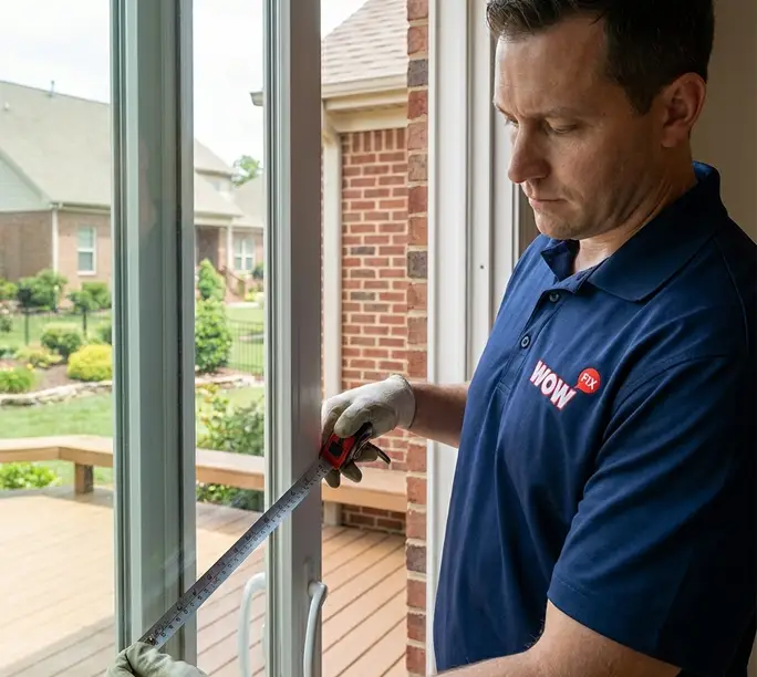 WowFix technician measuring a patio slider glass panel for replacement