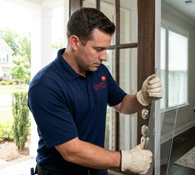 WowFix technician setting a new glass panel into an entry door frame