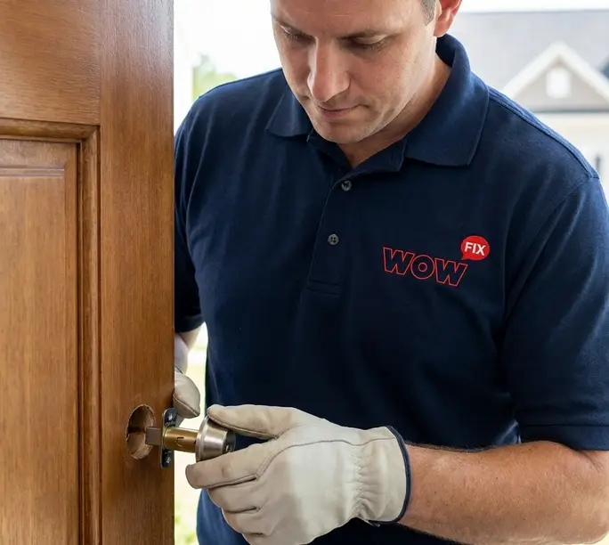 WowFix technician installing a deadbolt into the door edge bore