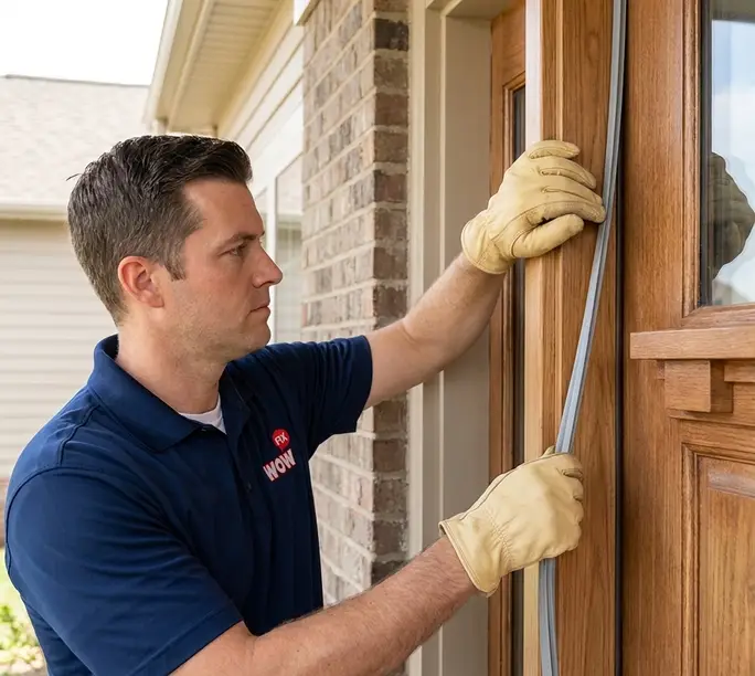 WowFix technician pressing fresh weatherstripping into the door frame groove