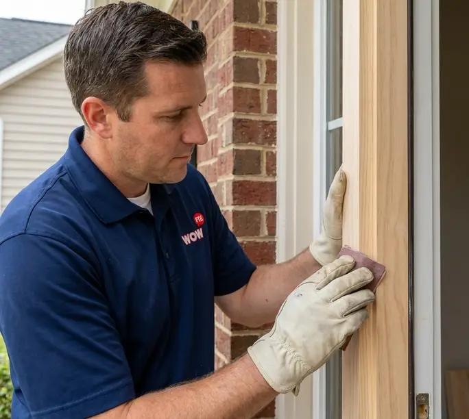 WowFix craftsman sanding a fabricated replacement wood piece for a Greensboro door