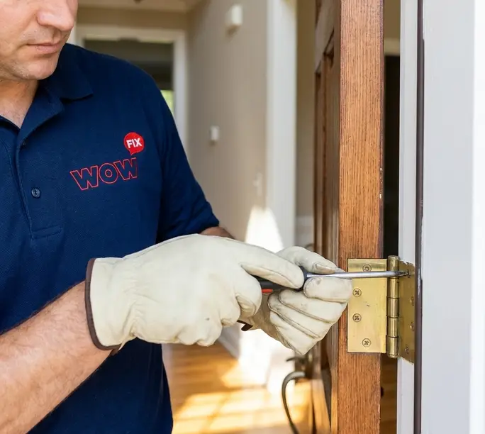 WowFix technician adjusting entry door hinges with a screwdriver