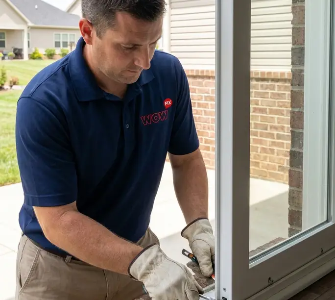 WowFix technician guiding a sliding patio door back onto its track