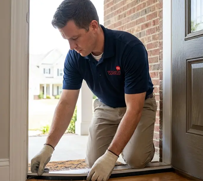 WowFix technician fitting a new door sweep along the door bottom