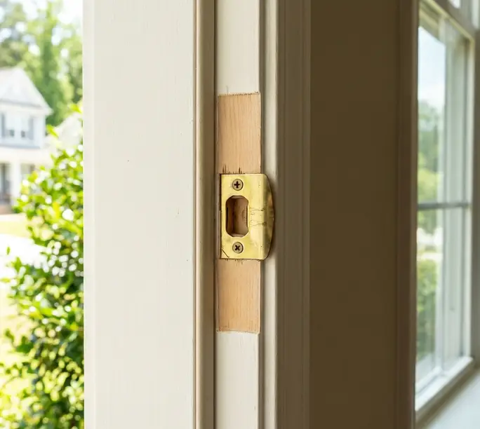 Strike hardware fastened flush into a repaired door jamb in a Raleigh home