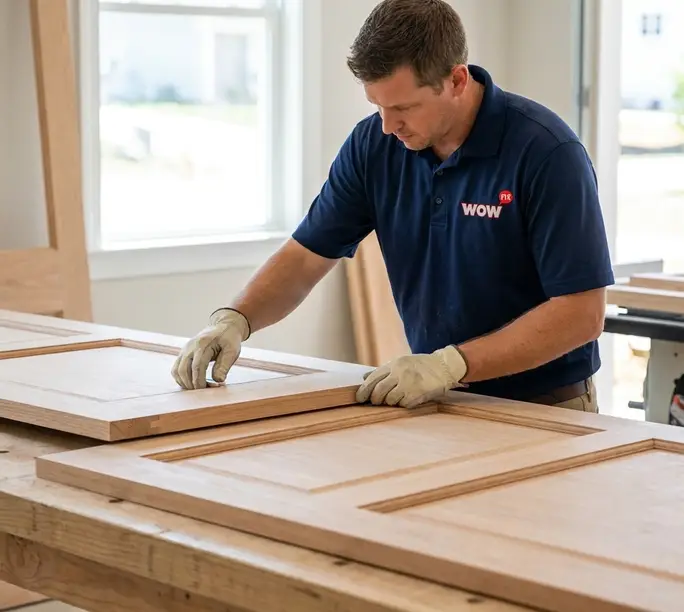 WowFix craftsman preparing entry door components at the workshop bench