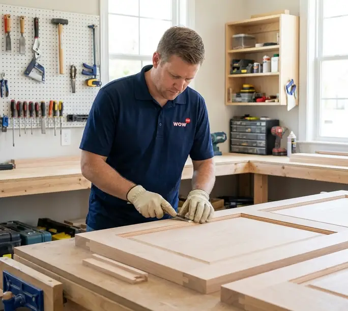 WowFix craftsman preparing door components at the workshop bench