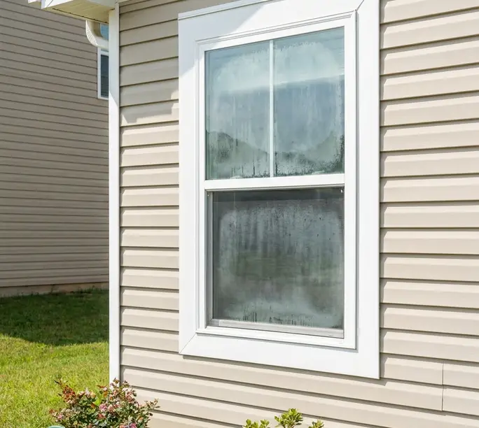 Fogged window with a failed seal before a WowFix glass-only replacement in Cary