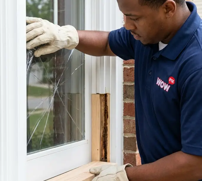 WowFix technician securing a cracked pane with clear protective film in a Charlotte home