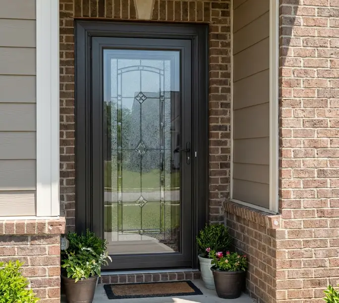 Entry door glass panel serviced by WowFix — the door stays on its hinges