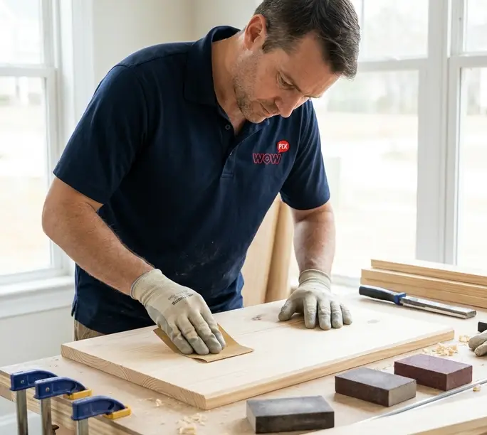 WowFix craftsman sanding a fabricated replacement wood piece in the workshop