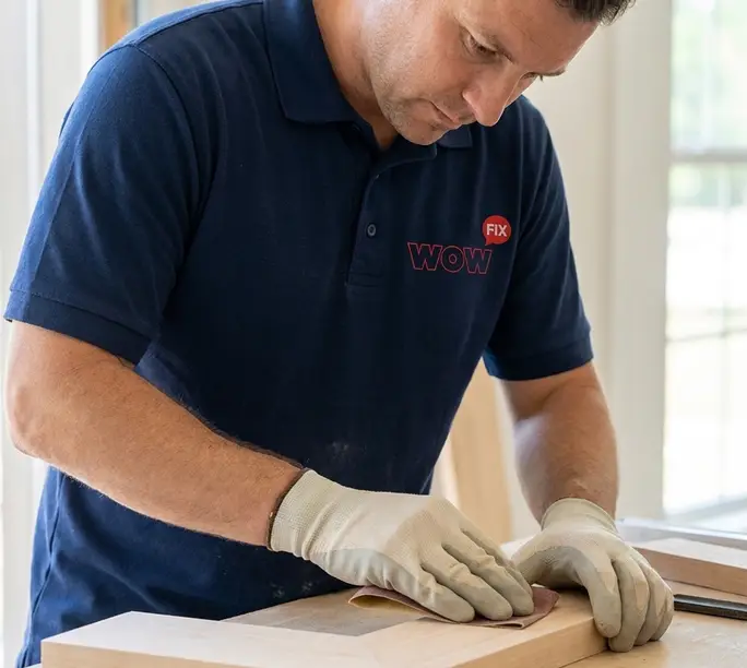WowFix craftsman sanding a fabricated replacement wood piece in the workshop