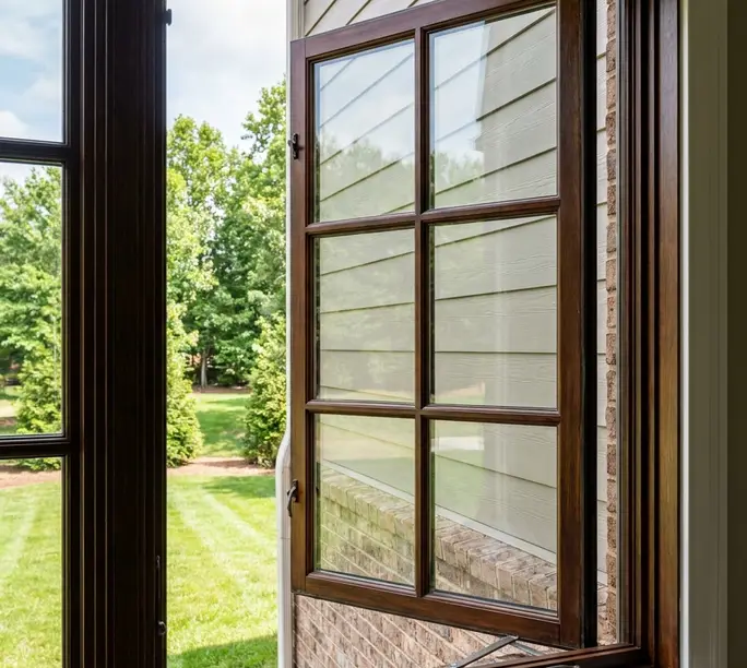 Wood casement grid window swinging open smoothly after WowFix operator service in High Point