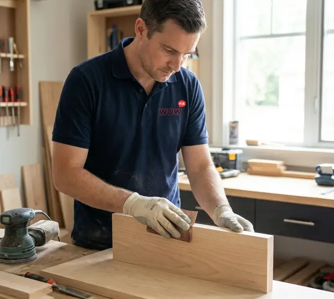 WowFix craftsman in branded shirt sanding replacement wood in the workshop