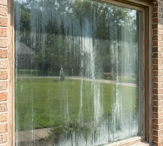 Failed-seal picture window streaked with trapped condensation before WowFix glass-only replacement