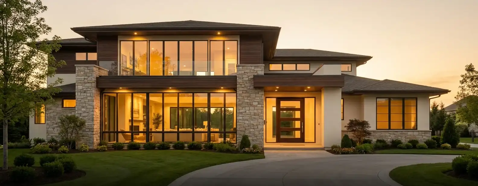 Modern home with large clear windows and a clean front door at golden hour