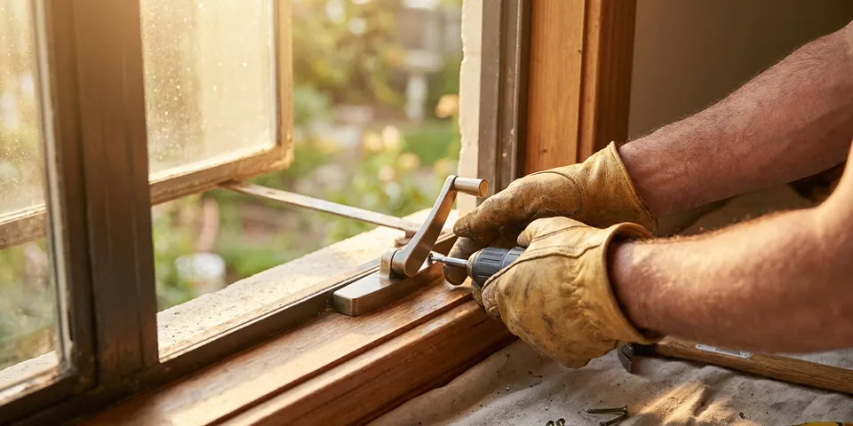 Casement window crank operator mechanism being replaced at an open casement window