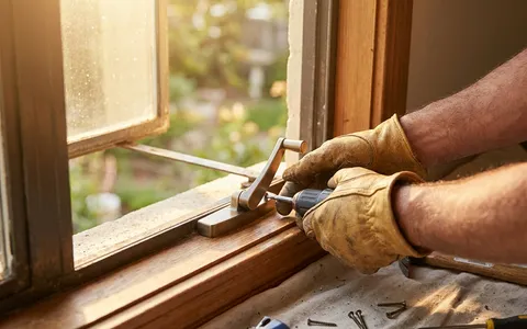 Casement window crank operator mechanism being replaced at an open casement window