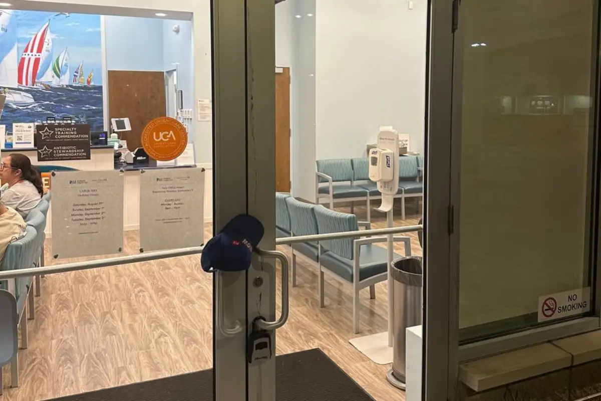 The same clinic door with new tempered glass installed by WowFix — waiting room visible through clear glass