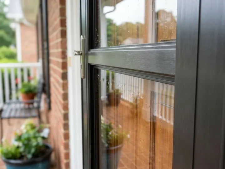Storm door glass panel fitted with new glass