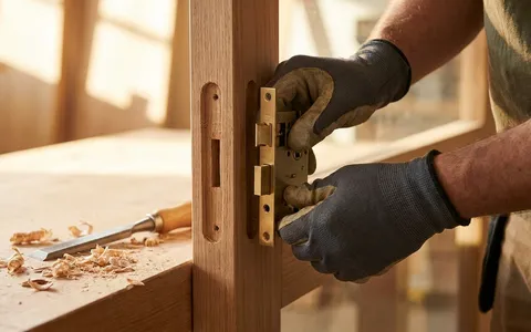 Mortise lock mechanism being fitted into a patio door edge — door lock repair