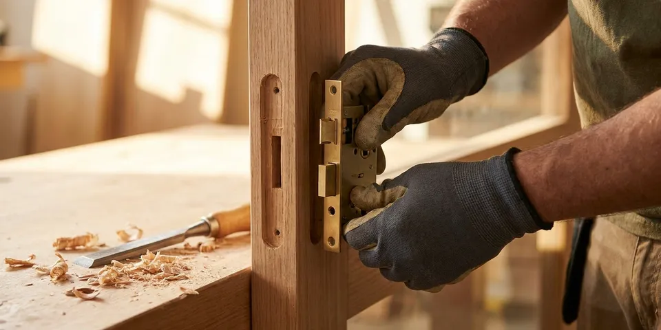 Mortise lock mechanism being fitted into a patio door edge — door lock repair
