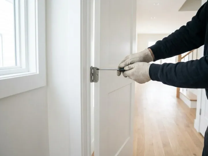 Door hinge and strike alignment corrected so the door latches without force