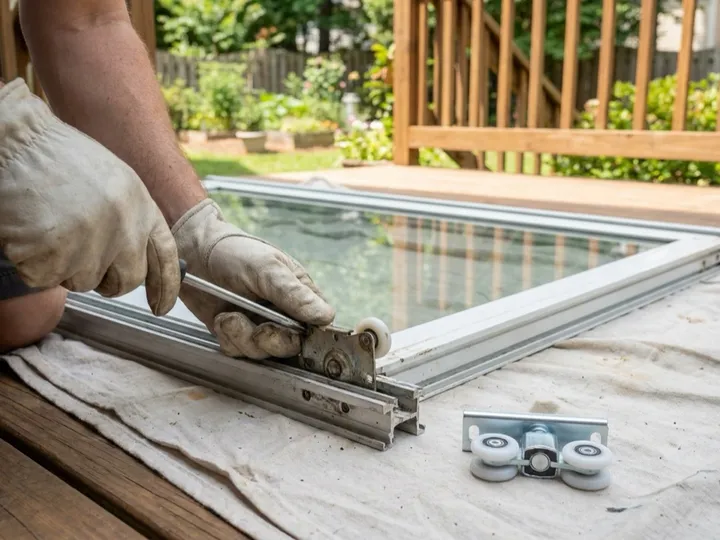 Sliding door rollers replaced along the bottom edge of a patio door