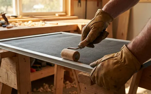 Sliding screen door being re-meshed with taut new mesh on sawhorses
