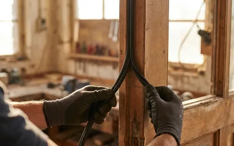 Rubber weatherstrip seal being pressed along an entry door frame to stop drafts