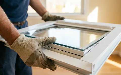 Technician installing a new clear sealed double-pane glass unit (IGU) into a white window sash — foggy window repair in North Carolina