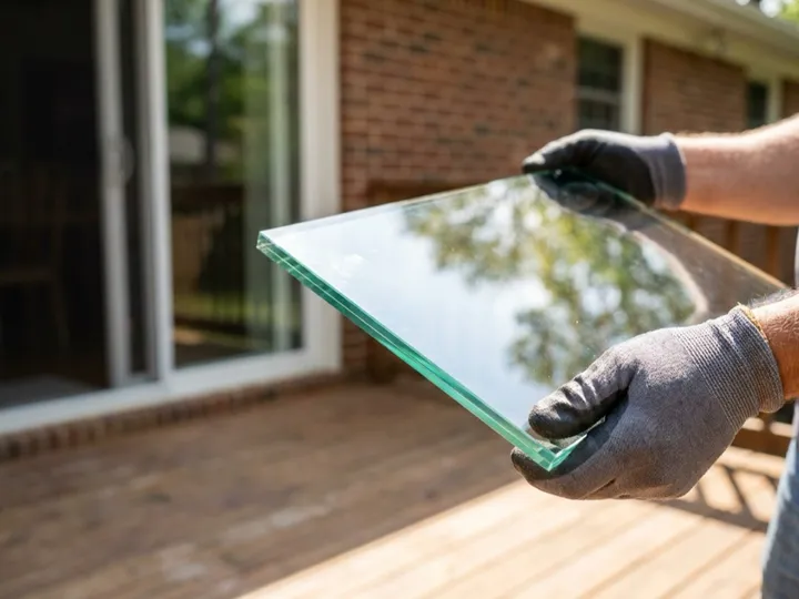 Tempered safety glass panel installed in a door-side opening