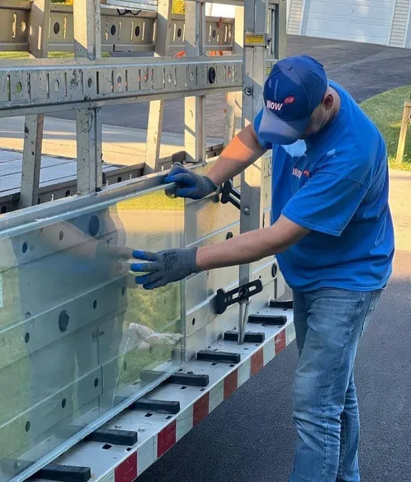 Made-to-measure glass units racked on the WowFix truck for an Alpharetta installation day